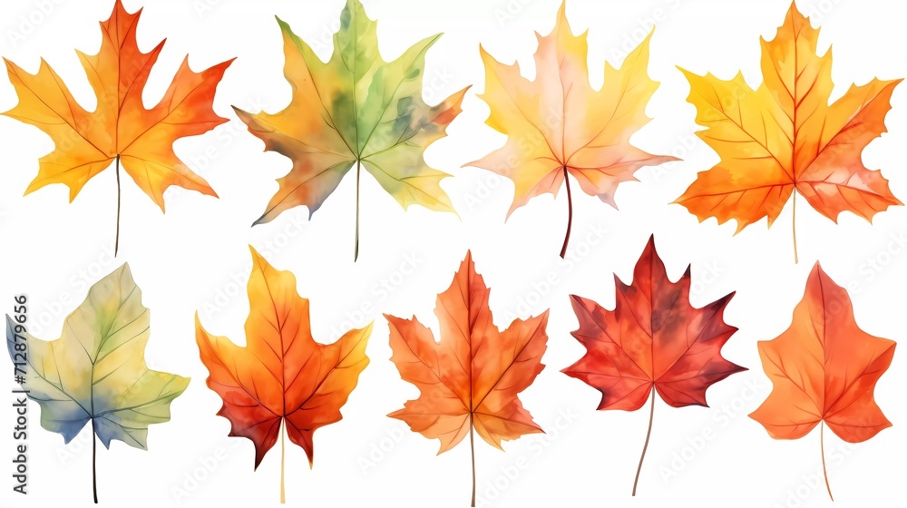 Collection of Maple leaves in watercolor style isolated. Aquarelle leaves for background. generative ai Collection of Maple leaves in watercolor style isolated. Aquarelle leaves for background. generative ai