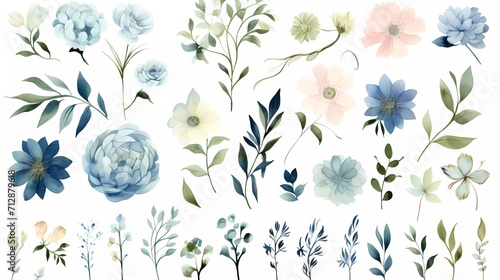 illustration Pink and blue flowers, leaves watercolor flower clip art. generative ai #712879618
