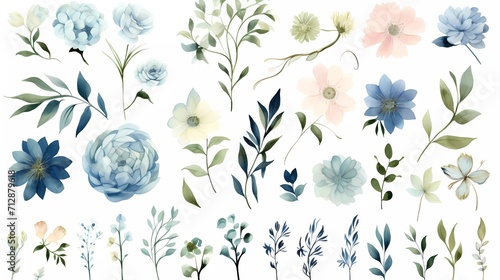 Fototapeta Naklejka Na Ścianę i Meble -  illustration Pink and blue flowers, leaves watercolor flower clip art. generative ai
