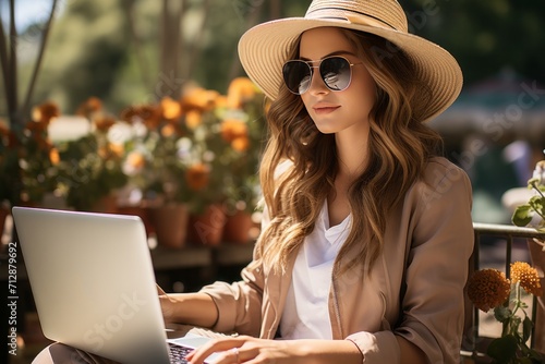 Businesswoman sipping iced tea and working remotely from a stylish cafe, enjoying the summer sun, Generative AI