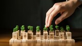 Hand playing chess with wooden houses on a board. Generative AI.