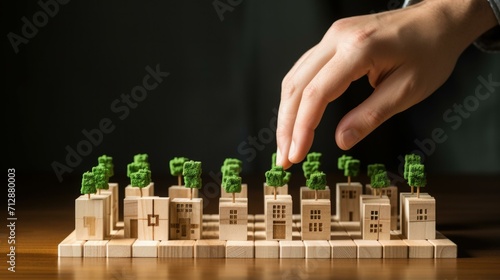 Hand playing chess with wooden houses on a board. Generative AI.