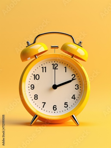 A yellow alarm clock on a yellow background. Generative AI.