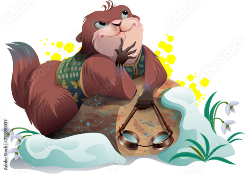 Marmot weather forecaster groundhog crawled out of his hole and dreams of spring