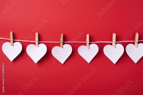 Valentine's Day concept, paper hearts hanging on clothes pegs on a red background. Generative AI.