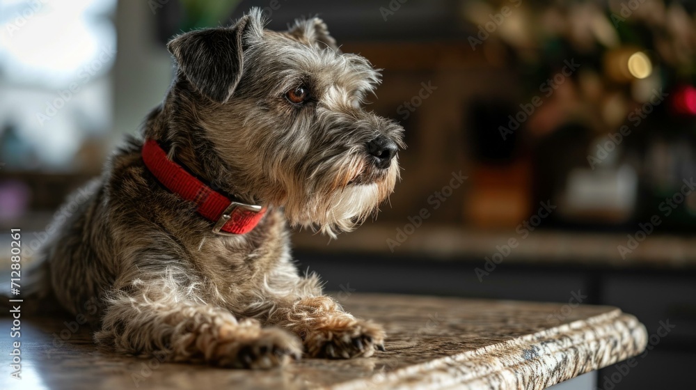 A  miniature schnauzer dog sitting on a counter top. Generative AI.