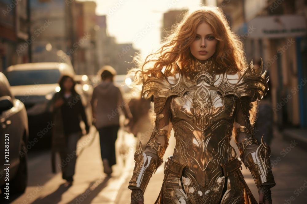 A woman in armor walking down a street. Generative AI. A woman in armor walking down a street. Generative AI.