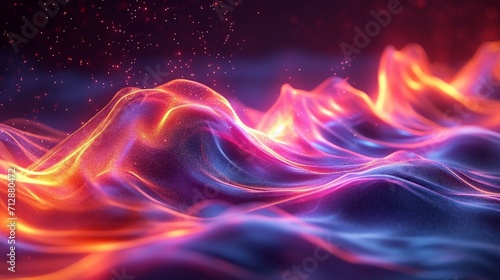 Fluid neon wave in 3D, glowing iridescently. Set against a holographic, colorful abstract background. Realistic HD camera effect. © MalikAbdul