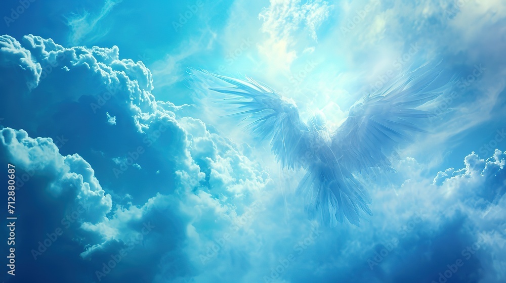 Angel spirit in blue sky with clouds - obrazy, fototapety, plakaty 
