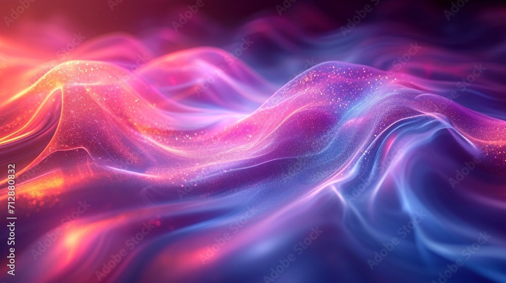 Fluid neon wave in 3D, with an iridescent, holographic look. Set against a vibrant, abstract background. HD, photo-like appearance.