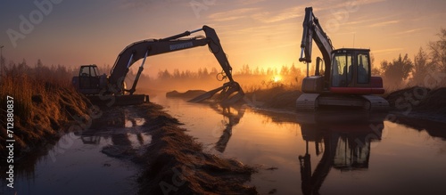 Dredging a canal with two excavators at sunrise