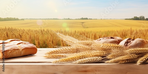 Wooden log on table, wheat field background. Shavuot design mock up. photo