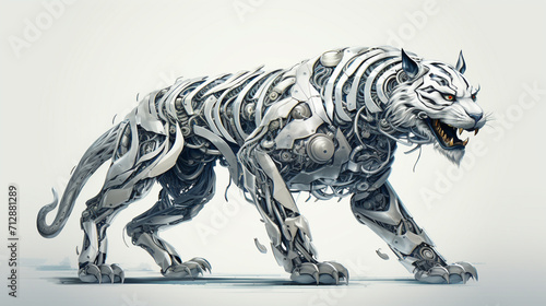illustration of a silver tiger robot roaring on a colorless background, Generate AI. © Salis