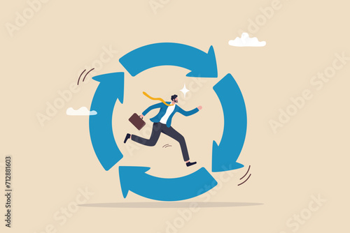 Working habit, life cycle or daily routine behavior, agile development, discipline or working efficiency, procedure or process to success concept, businessman running on habit circle arrow diagram.
