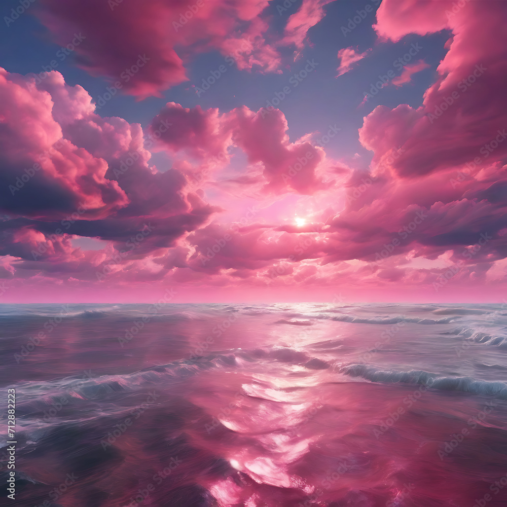 A sea embraced by pink clouds.