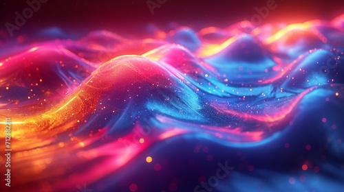 Glossy, iridescent neon wave curving in a 3D render. Colorful, abstract holographic backdrop. Sharp, HD camera realism.