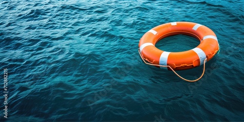 Lifebuoy floating at sea, space for copy