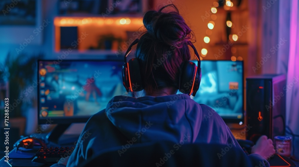 Home-Based Esports: Young Woman Engaged in Competitive PC Gaming