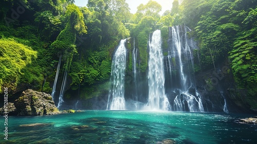 Jungle waterfall cascade in tropical rainforest with rock and turquoise blue pond. Its name Banyumala because its twin waterfall in mountain slope