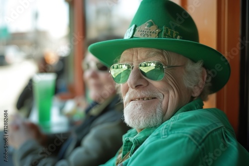 Joyful Elderly Celebrating St. Patrick's Day in Vibrant Green, Urban Outdoor Bar Scene