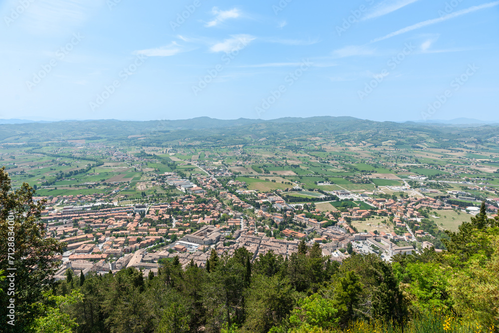 View from Mt. Ingino over medieval town of Gubbio and expansive landscape beyond