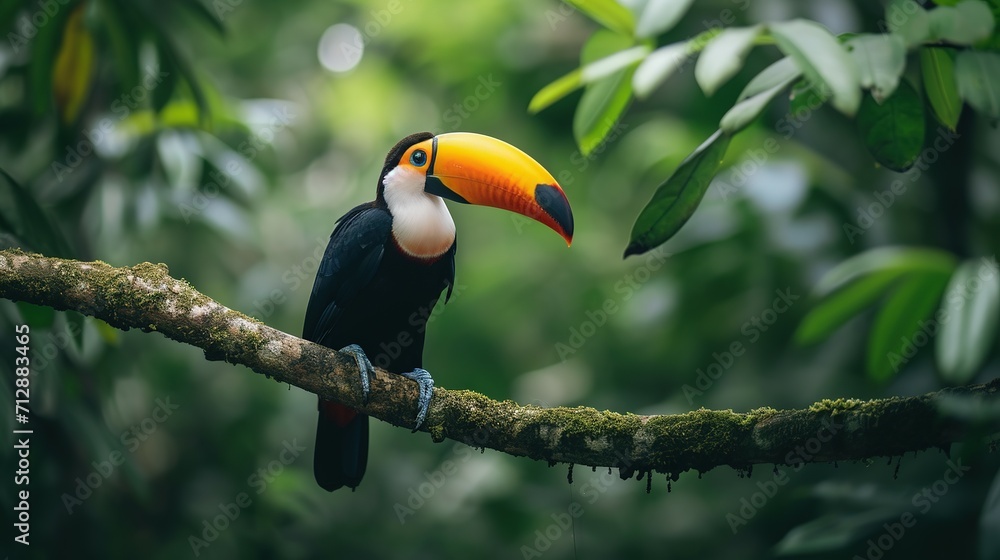 Fototapeta premium Toucan tropical bird sitting on a tree branch in natural wildlife environment in rainforest jungle
