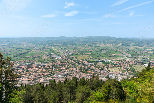 View from Mt. Ingino over medieval town of Gubbio and expansive landscape beyond
