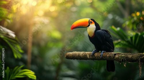 Toucan tropical bird sitting on a tree branch in natural wildlife environment in rainforest jungle