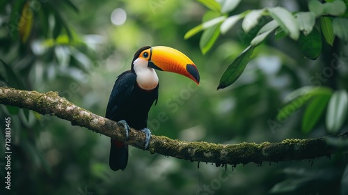 Toucan tropical bird sitting on a tree branch in natural wildlife environment in rainforest jungle
