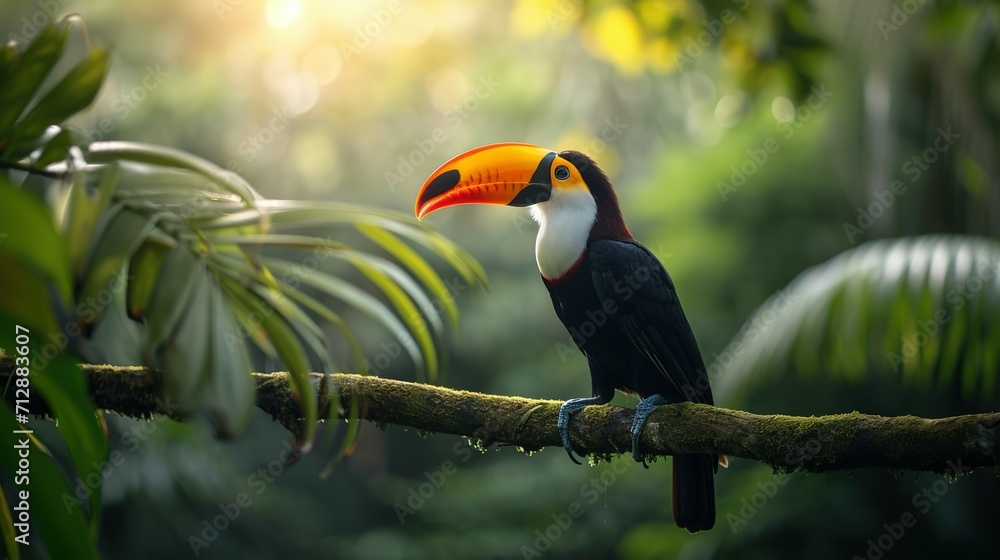 Naklejka premium Toucan tropical bird sitting on a tree branch in natural wildlife environment in rainforest jungle
