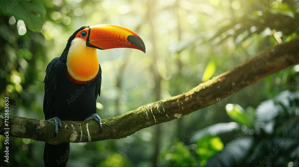 Toucan tropical bird sitting on a tree branch in natural wildlife environment in rainforest jungle Toucan tropical bird sitting on a tree branch in natural wildlife environment in rainforest jungle