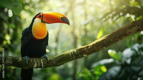 Toucan tropical bird sitting on a tree branch in natural wildlife environment in rainforest jungle © Ahmad-Muslimin