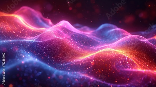 Luminous neon wave in 3D, with an iridescent, fluid motion against a dark, colorful abstract background. Realistic, HD quality. © MalikAbdul