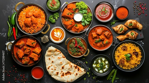 Fényképezés Assorted indian food on black background