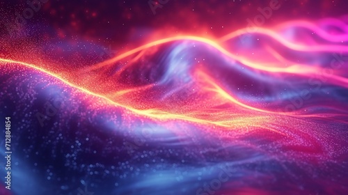 Neon, iridescent wave curving smoothly in a 3D render. Colorful, abstract backdrop enhancing motion. Realistic HD effect.