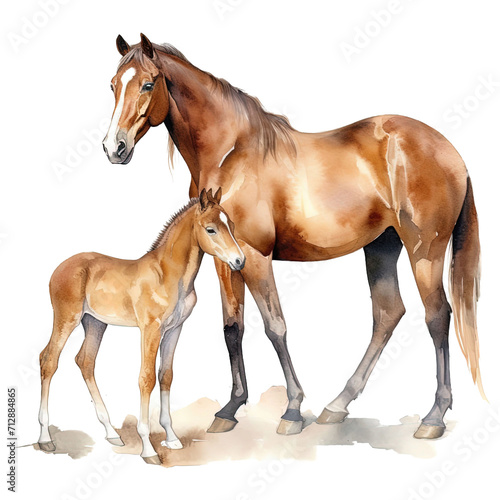 Mare and pony on transparent isolate, horse collection watercolor painting, horse clipart, printable animal stickers, children's book illustration