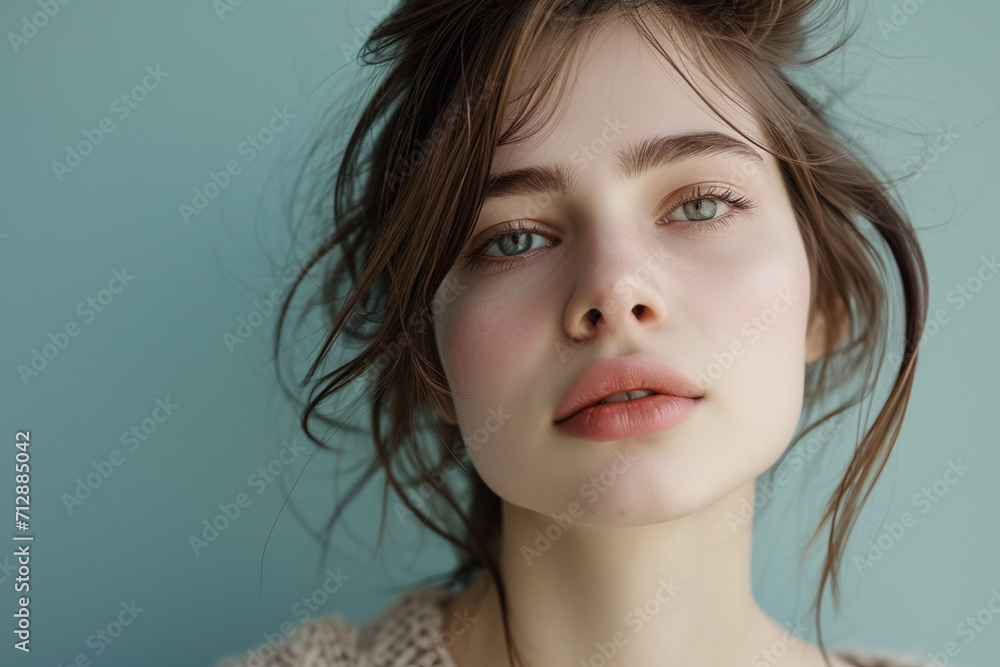 portrait of a fashion young woman in a studio muted color background and minimalistic portrait of a fashion young woman in a studio muted color background and minimalistic