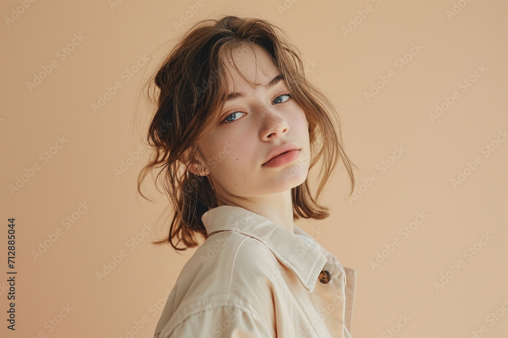portrait of a fashion young woman in a studio muted color background and minimalistic portrait of a fashion young woman in a studio muted color background and minimalistic