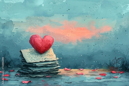 illustrations of stylized love letters or notes exchanged digitally, perhaps on a virtual screen or through messaging apps, blending the traditional sentiment with modern technology