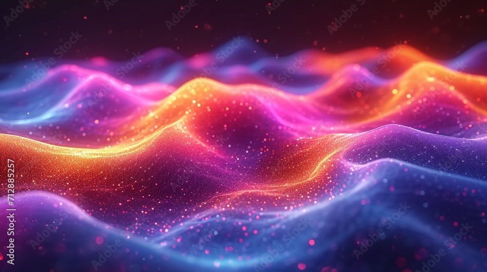 Neon, iridescent wave in dynamic 3D motion. Holographic, colorful abstract background. Sharp, high-definition quality.