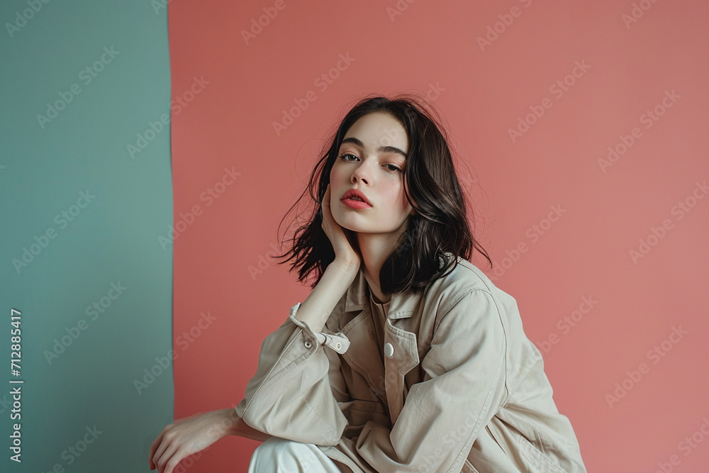 portrait of a fashion young woman in a studio muted color background and minimalistic portrait of a fashion young woman in a studio muted color background and minimalistic