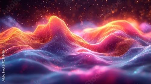 Neon  shimmering wave in 3D  moving fluidly. Iridescent colors against a soft  colorful backdrop. High-definition  lifelike render.