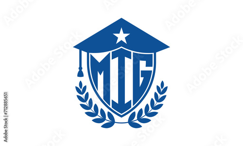 MIG three letter iconic academic logo design vector template. monogram, abstract, school, college, university, graduation cap symbol logo, shield, model, institute, educational, coaching canter, tech
