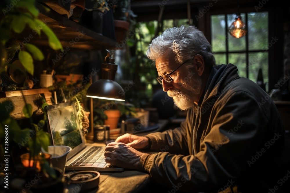 Elderly gentleman managing his online tasks from a rustic home office, featuring warm decor and his trusty laptop, Generative AI Elderly gentleman managing his online tasks from a rustic home office, featuring warm decor and his trusty laptop, Generative AI