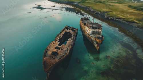 Shipwreck. The ship ran aground top view. The ship crashed on the coastal cliffs. Abandoned marine vessels. The ship lies on the tank view from the drone.