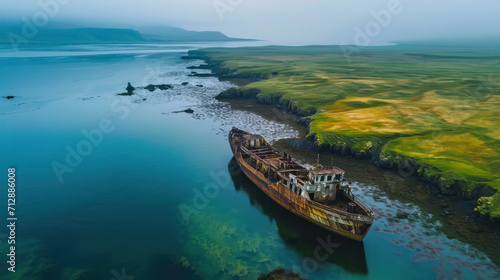 Shipwreck. The ship ran aground top view. The ship crashed on the coastal cliffs. Abandoned marine vessels. The ship lies on the tank view from the drone. photo