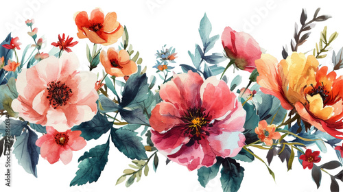 Flowers Footer Border Watercolor Isolated on Transparent or White Background, PNG