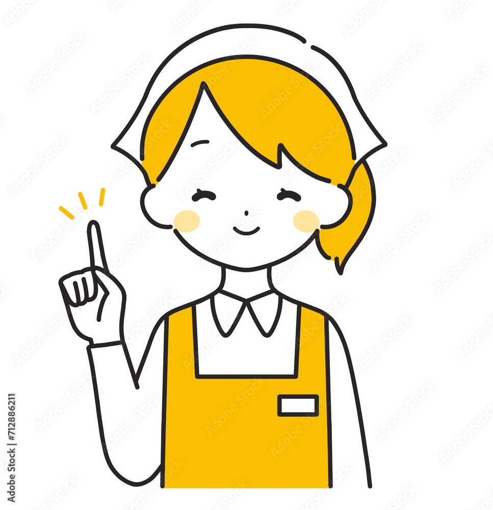 オレンジ色|指差しをする三角巾の女性店員|エプロン オレンジ色|指差しをする三角巾の女性店員|エプロン