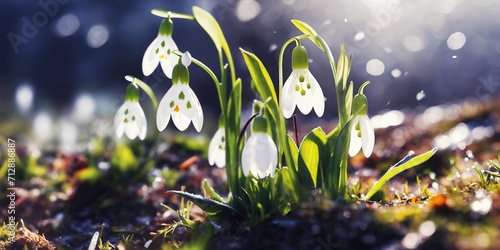 March nature garden. Early spring flower. First white snowdrop bloom. Bud macro close up. Forest plant background. new life. april color beauty. easter sun light. cold day leaf drop. green grass grow.