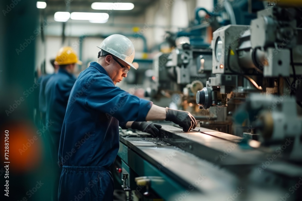 Workers in a factory operating machinery Focus on industrial precision Workers in a factory operating machinery Focus on industrial precision